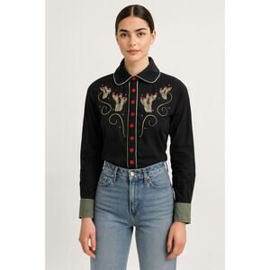 Collectif London Western Cactus Embroidered Shirt Black Red Buttons Size S UK 10
